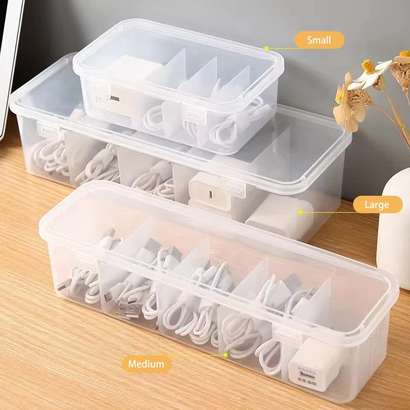 

Transparent Cable Organizer Box with Dustproof Lid Compartmentalized Storage for Data/Charging Cables Office Home Use