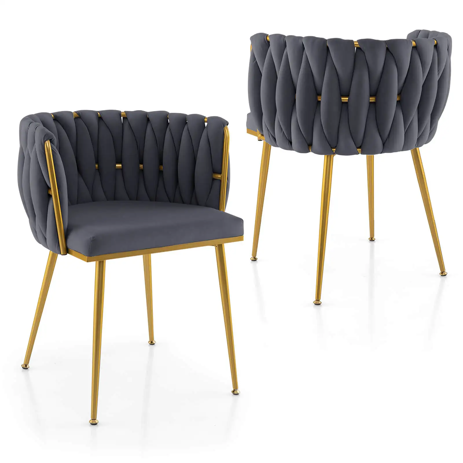 Upholstered Dining Chair Set of 2 w/ Curved Backrest Electroplated Metal Tubes