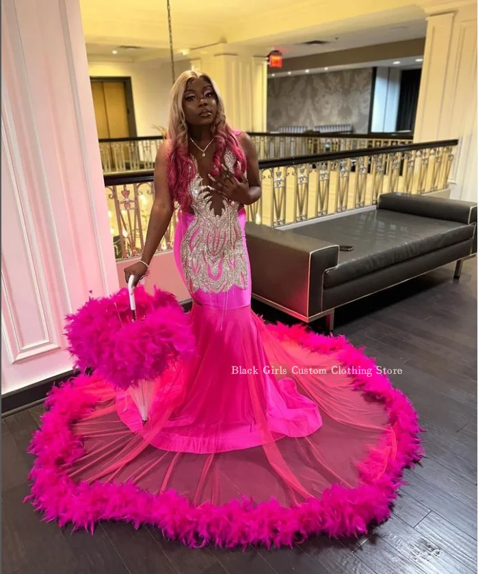 Luxury Rose Feather Prom Dress Elegant Crystal Applique African Evening Dresses See Through Mesh Customised vestido fiesta mujer