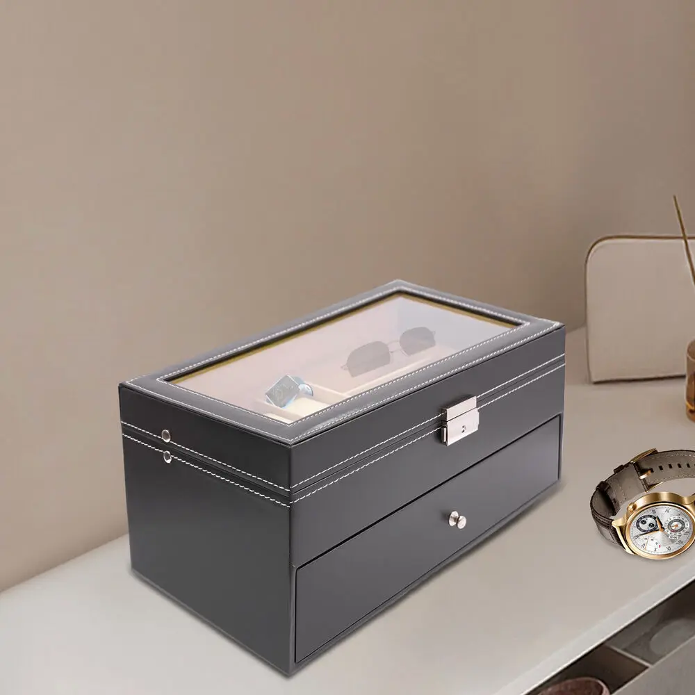 

15 Slots Leather Watch Case Eyeglass Sunglasses Display Box Jewelry Organizer