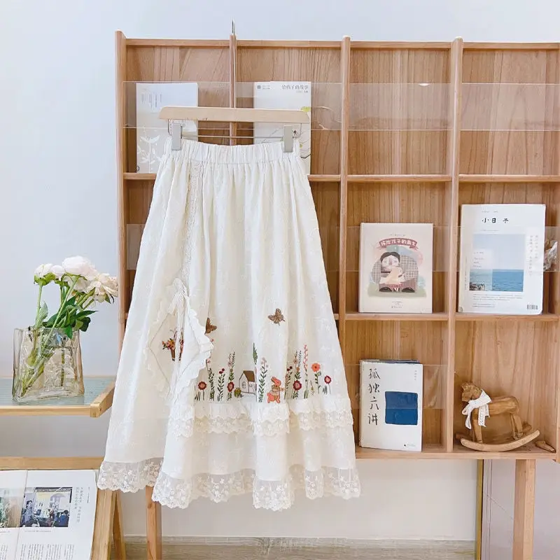 Sweet Lace Embroidery Skirts Women Vintage Elastic Waist Casual Japanese Mori Girl Cotton A-Line Skirt