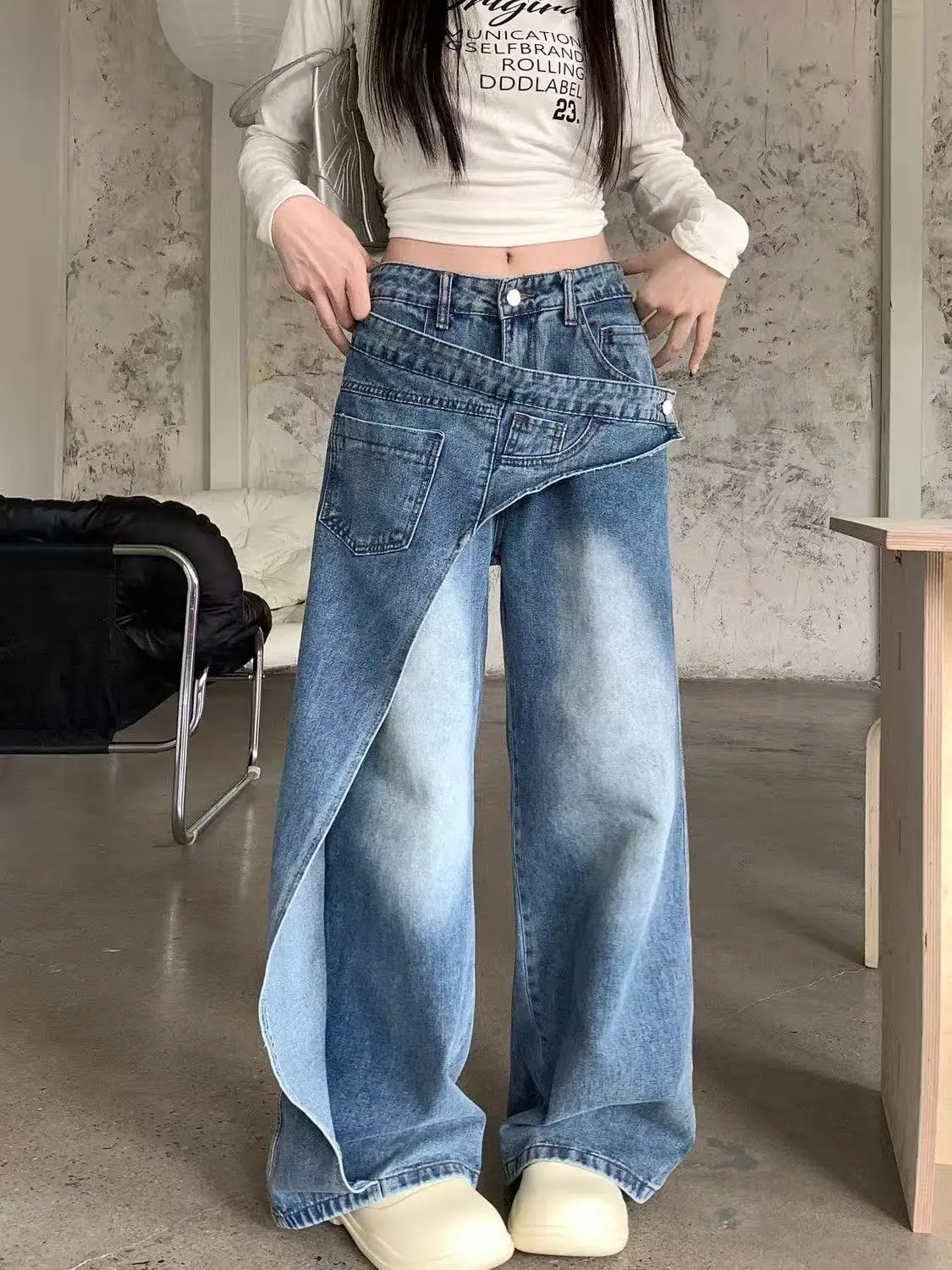 Washed Blue Dislocation Splicing Design Jeans，Women Y2K Fashion Irregular Patchwork Loose Pants High Waist Casual Deni Trousers