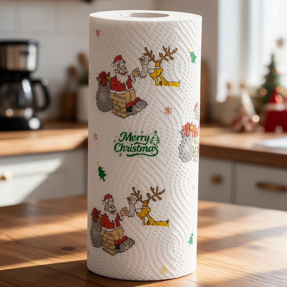 2 Roll Disposable Christmas Paper Towels Absorbent Thickening Kitchen Paper Dry and Wet Dual-Use Oil-Free Disposable Lazy Rag