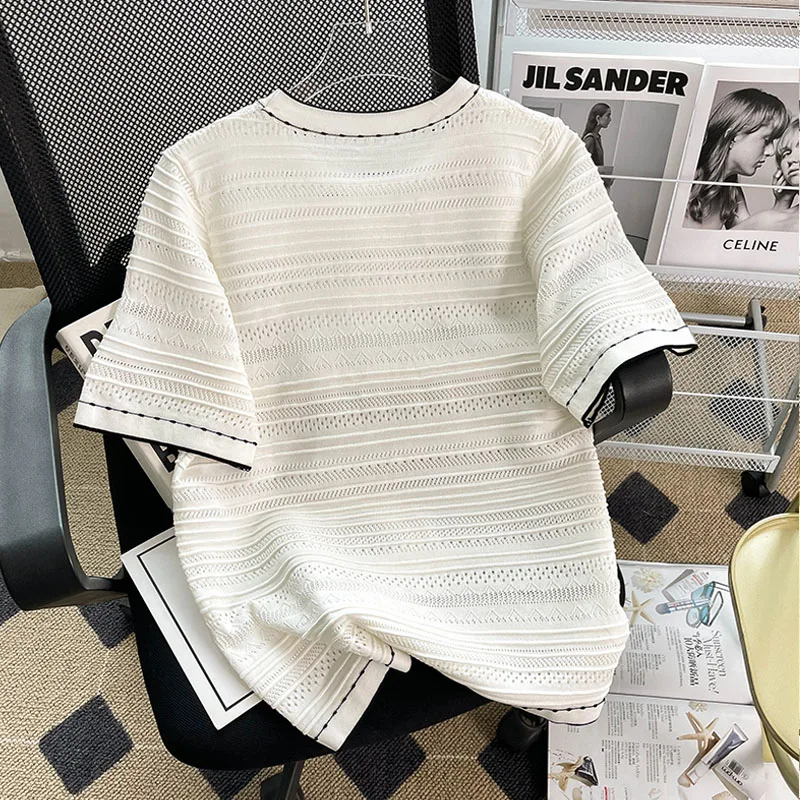 Summer Oversized women sweater pullover 2024 short sleeve o neck hollow out flower knit T-shirt jumper casual loose sweaters