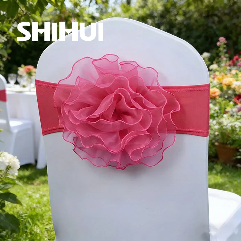 2/6/8/10/50 Pcs Chair Sashes Tie Organza Big Flower Knot Elastic Belt Bow For Hotel Banquet Wedding Birthday Party Event Decor