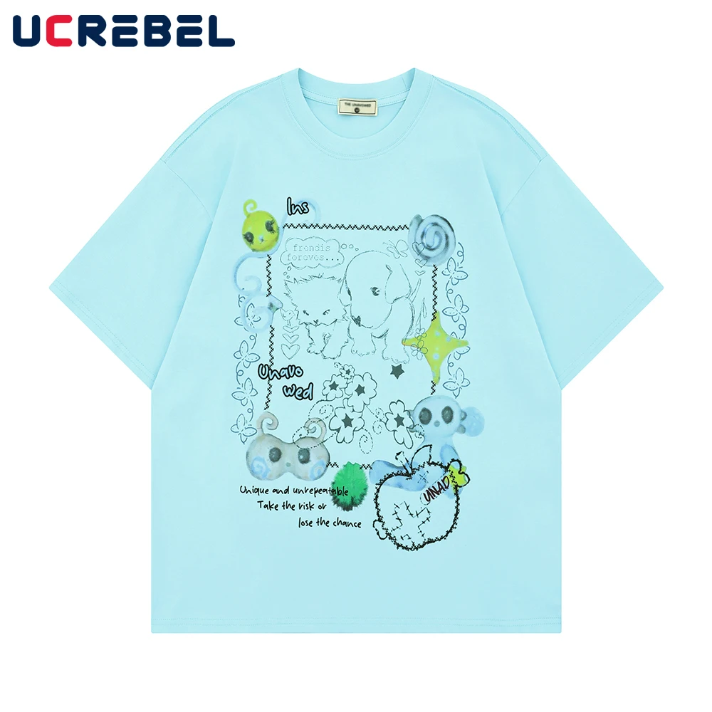 

Cartoon Print Short Sleeve T-shirt Mens Y2k Streetwear Summer Loose Half-Sleeve Cotton Crew Neckee Tee Men