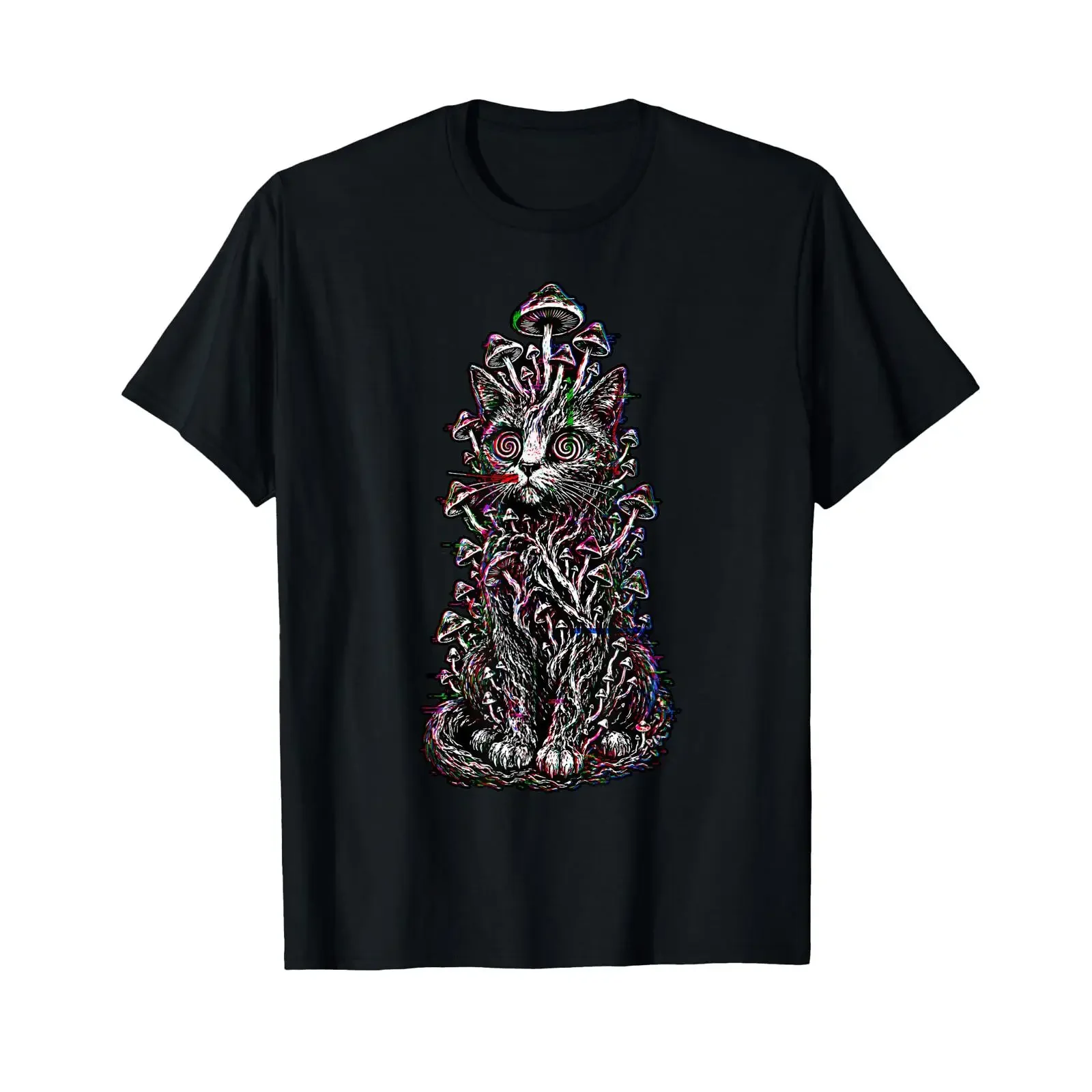 Psychedelic Mushroom Cat Glitch Surreal Design T-Shirt im Vintage-Stil, gewaschene Grafikdesigner-Kleidung, Top für den Alltag, Streetwear