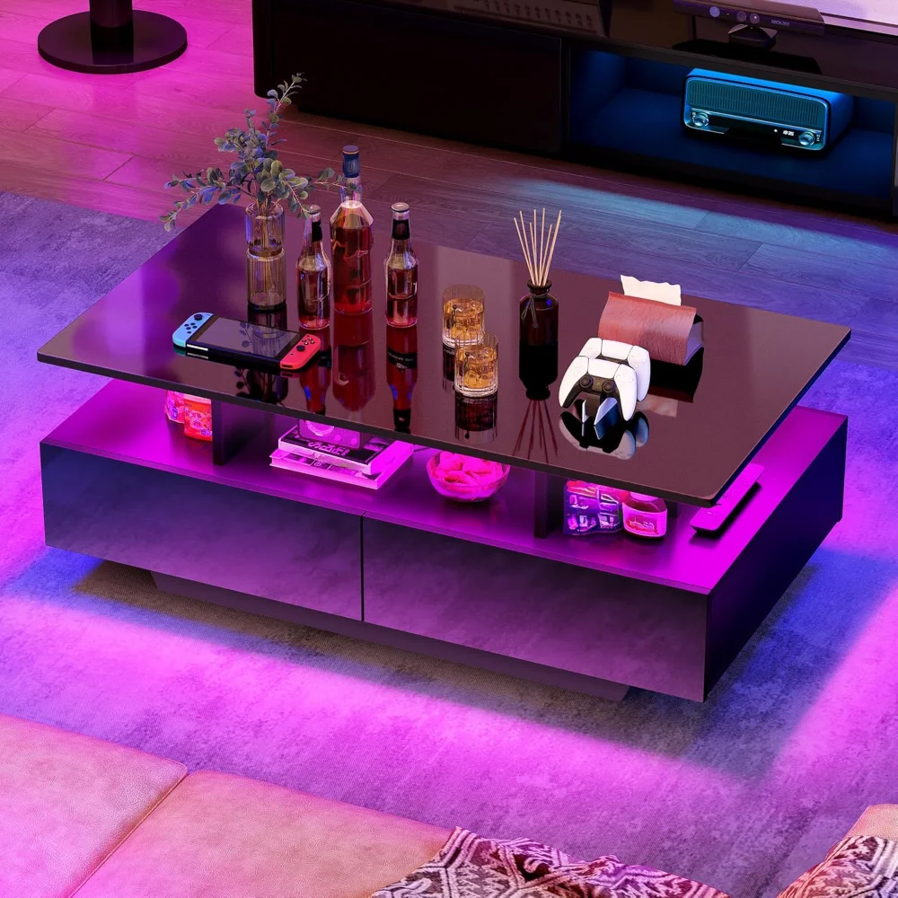 LED Coffee Table with Storage, High Glossy LED Coffee Tables for Living Room, Modern Black Rectangle Coffe Table