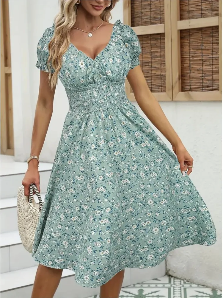 

New Vintage Floral Dresses V-neck Short Sleeve Pleated Waist Cinching Suitable For Women's Summer Beach Wear Parties Dress