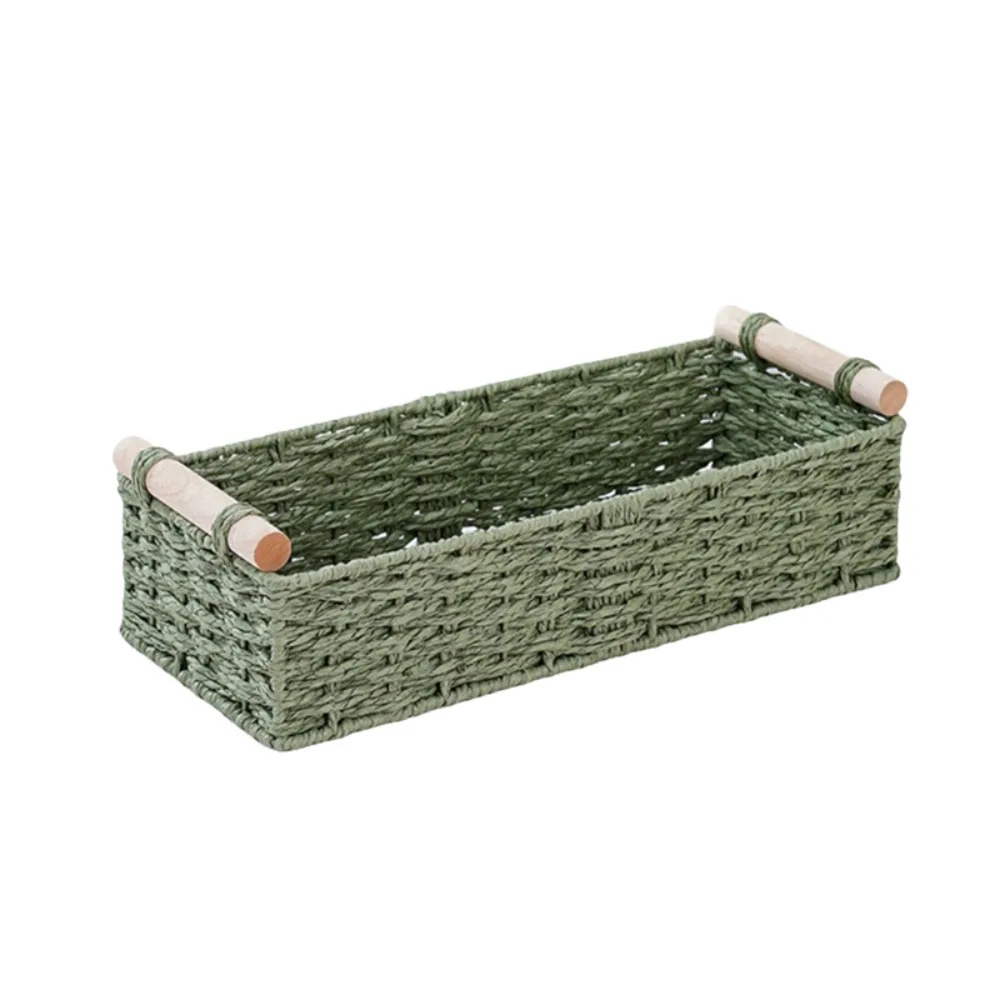 Retro Braided Toilet Paper Basket Wood Handle Handwoven Sundry Storage Basket Rectangular Ventilated Cabinet Organizer Kitchen