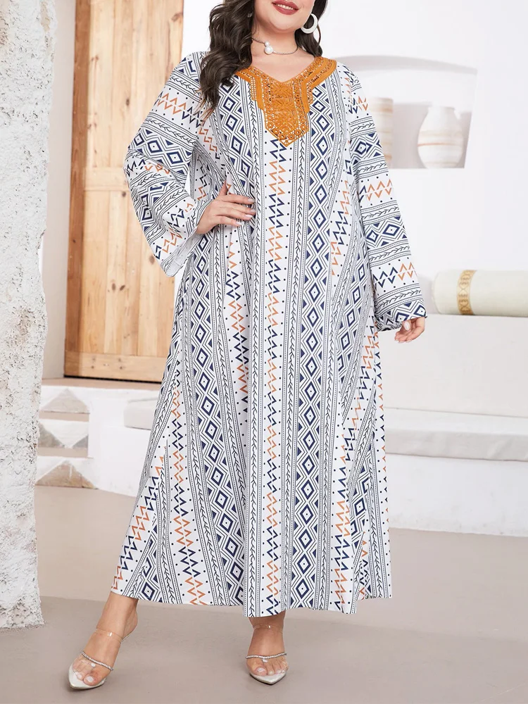 GIBSIE حجم كبير التباين الدانتيل الخامس الرقبة طباعة فستان مناسبات المرأة الربيع والخريف طويلة الأكمام فضفاضة فساتين ماكسي امرأة عادية