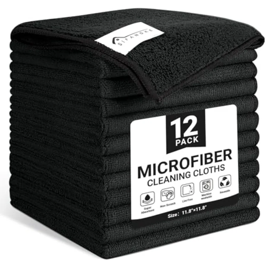 

Microfiber Cleaning Cloth, 12 Pack Lint-Free and Highly Absorbent Rags, Black Reusable Microfiber Towels for Car, Kitchen, Bath