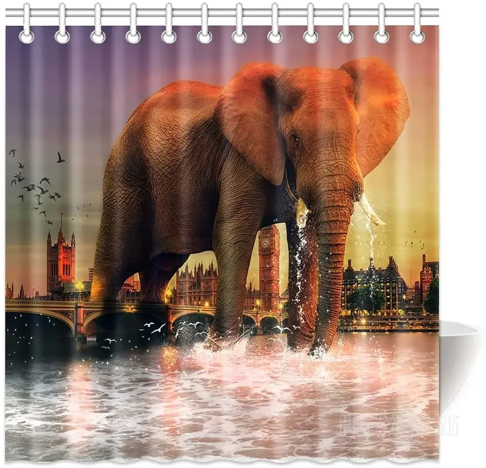 Bathroom Shower Curtain with Hooks Psychedelic African Elephant Waterproof Polyester