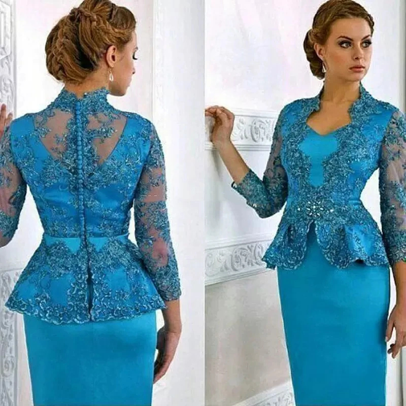 Slim Sheath Lace Mother Of The Bride Dresses With 3/4 Long Sleeve V Neck Teal Evening Gowns Tea Length Satin Wedding Guest Dress