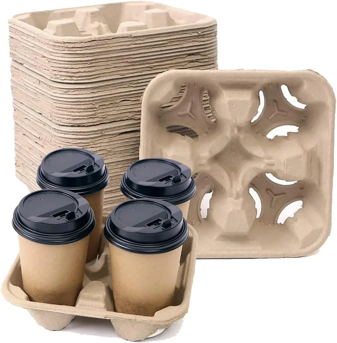 

Disposable Compostable Drink Carriers, 100 Pack | Paper Pulp Cup Holder for 4 Cups (8-32 oz