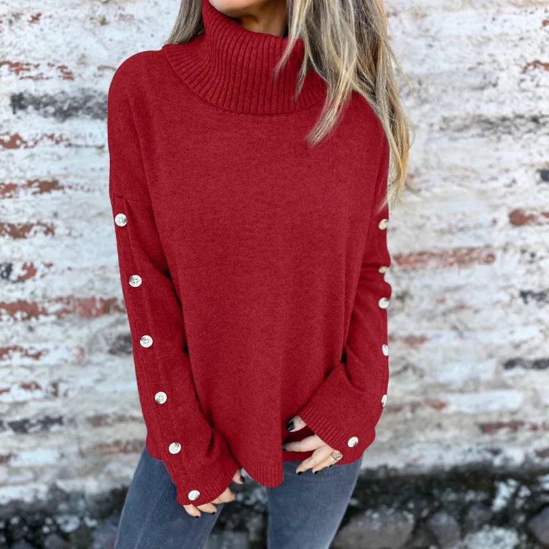 

2025 Autumn and Winter Women's Sweater Leisure Turtleneck Button Sweater Sweater