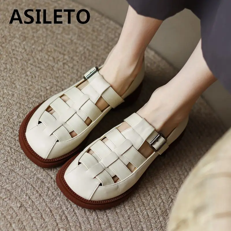 ASILETO Brand 2024 New Summer Female Flats 32 33 Square Toe Buckle Strap Hollow Big Size 42 43 Soft Causal Daily Women Shoes