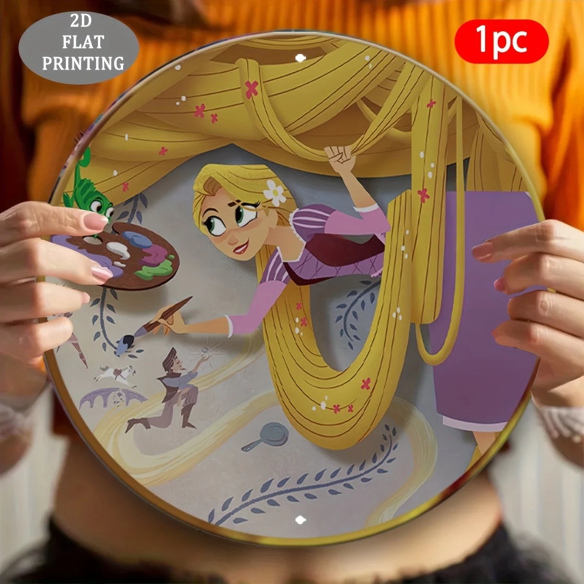 مسطح ثنائي الأبعاد، قطعة واحدة من ديكور الحائط المعدني المستدير بطابع رابونزيل وفلين رايدر - شعر رابونزيل، لوحة باسكال وماكسيموس القابلة للجمع #4