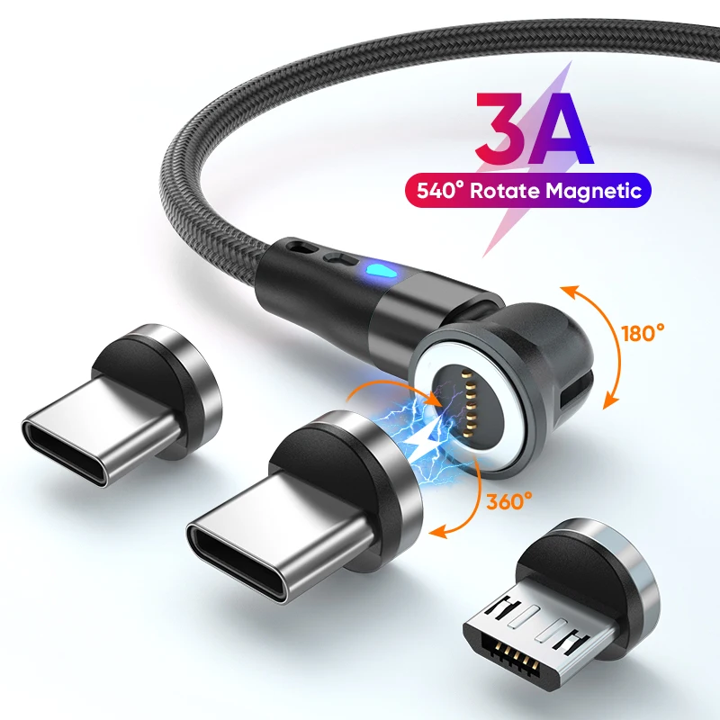 3A Fast Charging Magnetic Cable 540° Rotating USB Type C Micro Data Cable for Samsung Huawei Xiaomi Android Phone Charger Wire