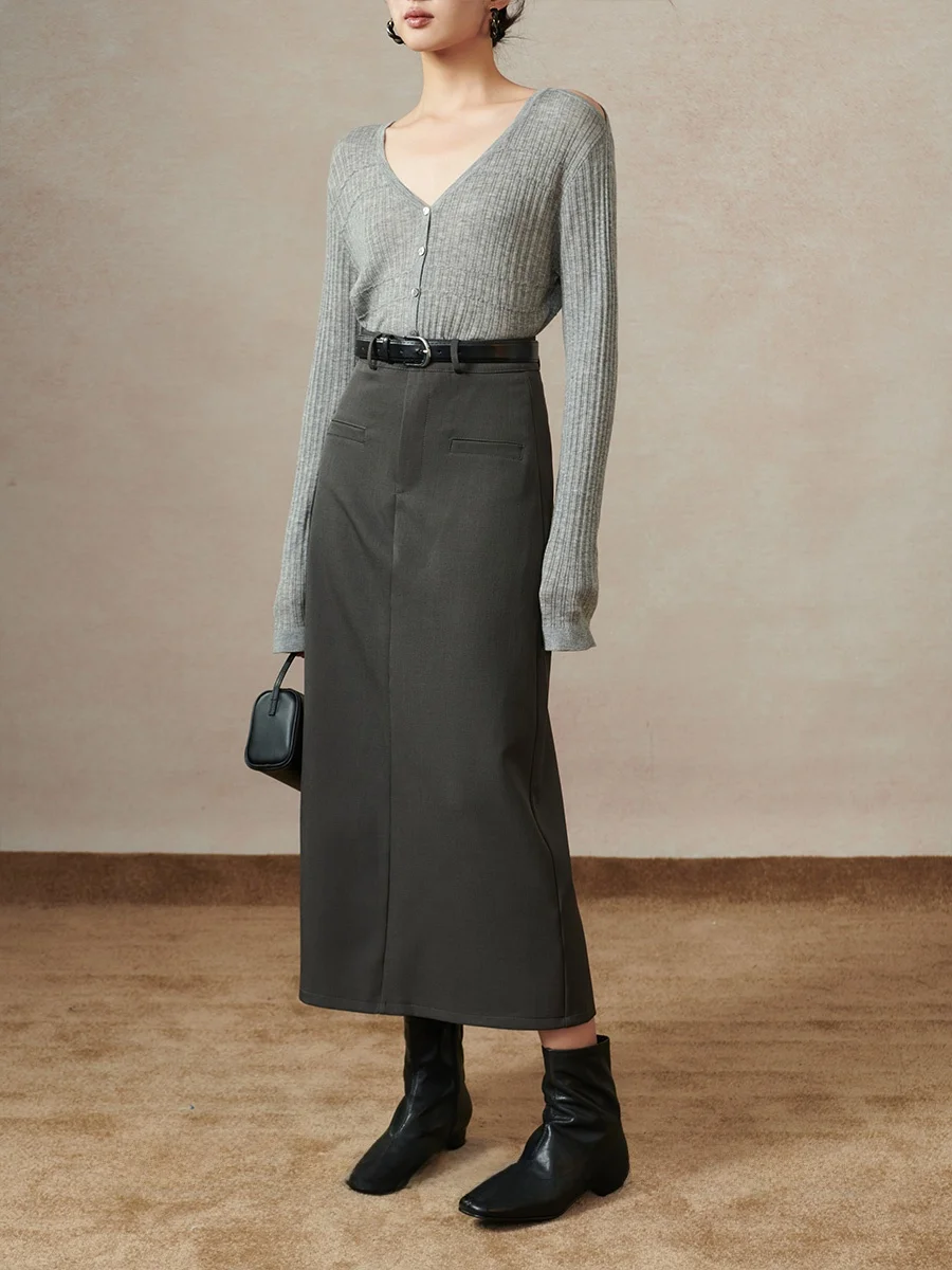 Kiki Commuter High Waist A-Line  Skirt Women's Spring Grey Slimming Straight Cut Meat Covering Half-length Skirt