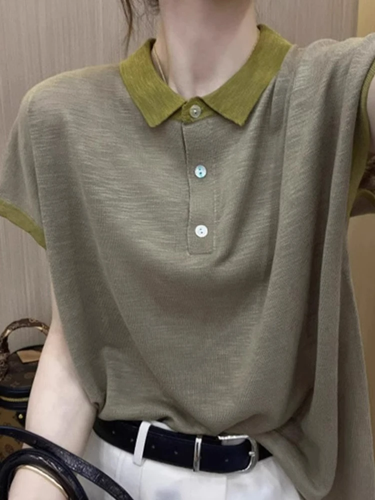 

Korean Style Ice Silk Knitted T-Shirt Women's Summer New Small Size Match Upper High Sense Ice Silk Turn-down Collar Pullover