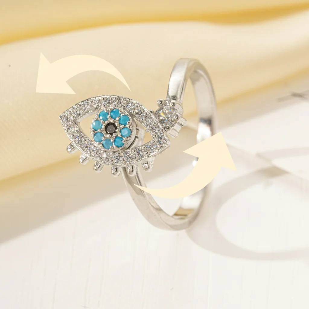 Sparkling Evil Eye Fidget Ring | Rotating Anti-Anxiety Protection Jewelry | Adjustable Open Ring Stress Relief Gift for Women