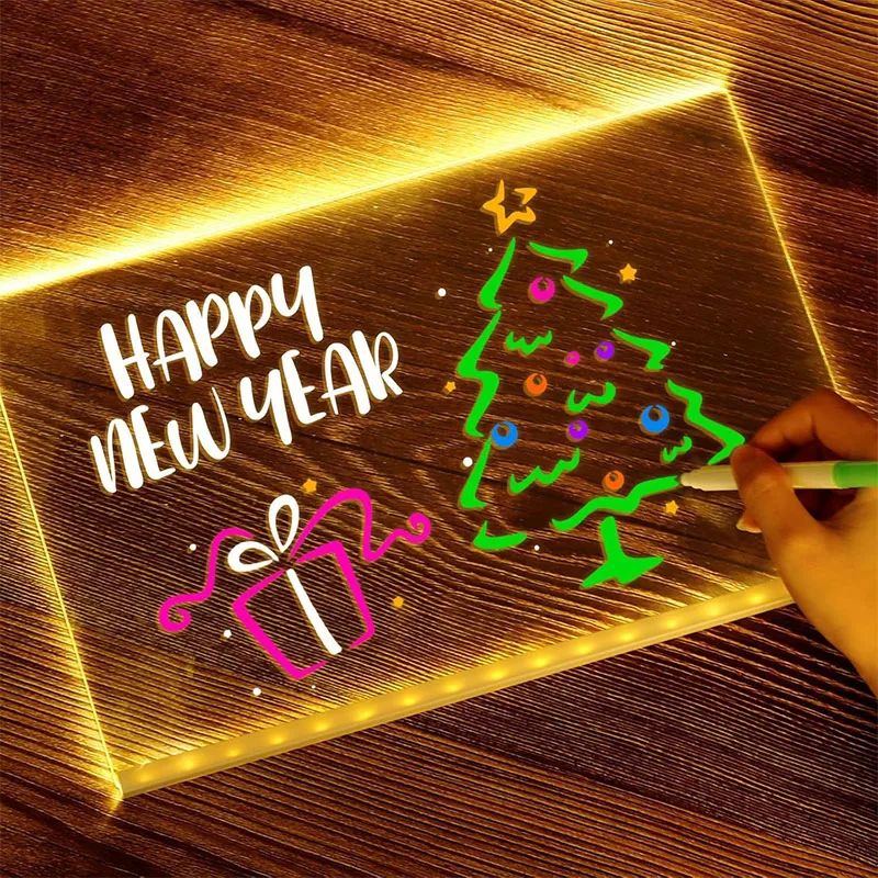 LED Drawing Pad Luminous Acrylic Memo Message Erase Board with Colors Pen and Stand Drawing Board for Children's Toy Gift