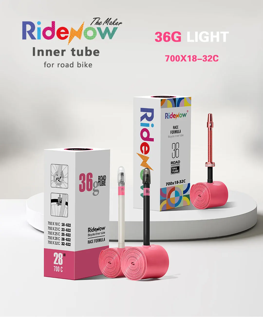 RideNow 700x18-32c Ultraleichter 36g TPU-Schlauch für Rennräder mit Kunststoff-/Legierungsventilschaft, 2/4-teiliges Set – Detail 1