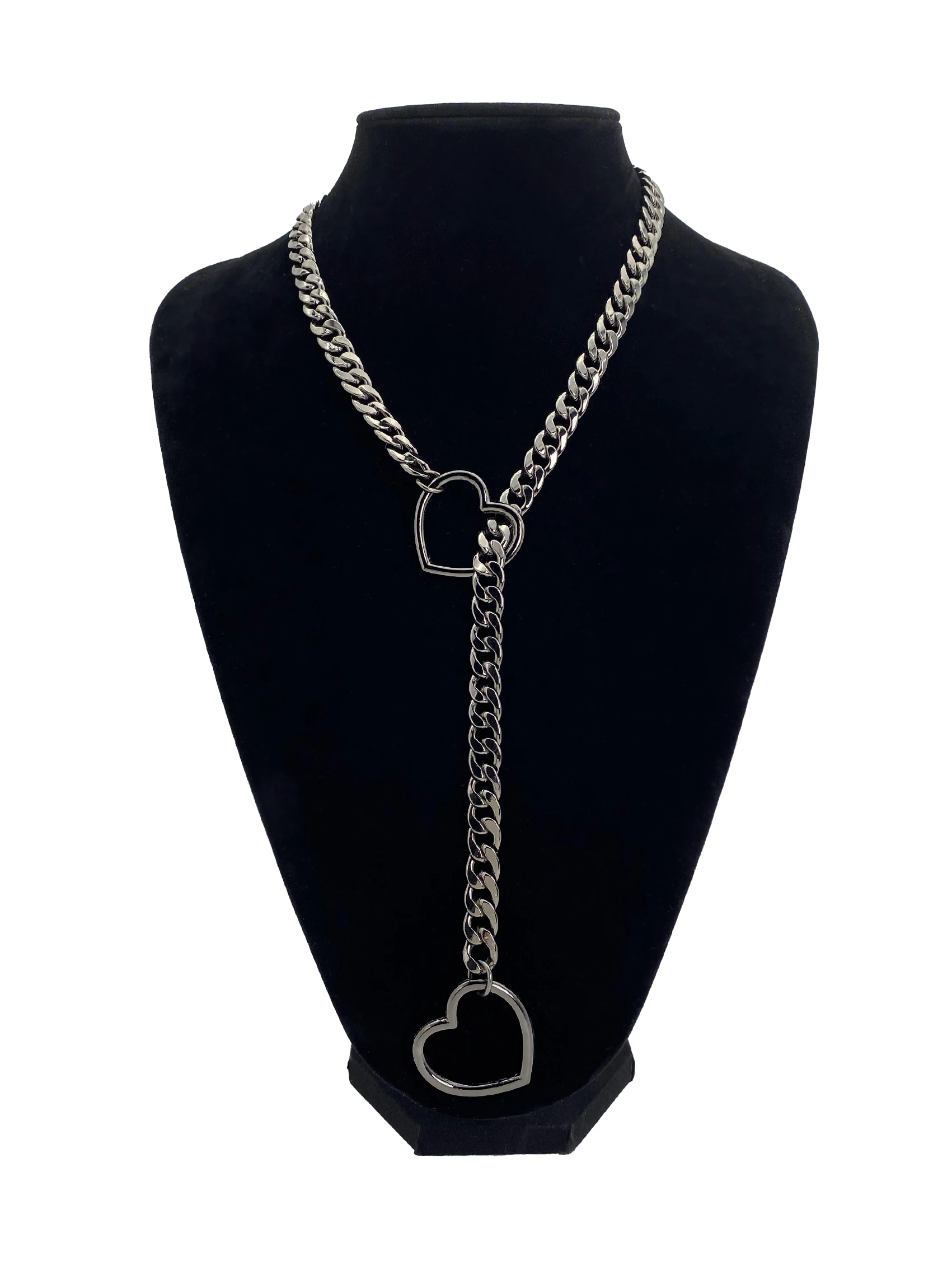 Heart O-Ring Slip Chain Necklace For Women, Punk Rock Stainless Steel Cuban Long Necklace Jewelry, Adjustable Lariat Y-Necklace