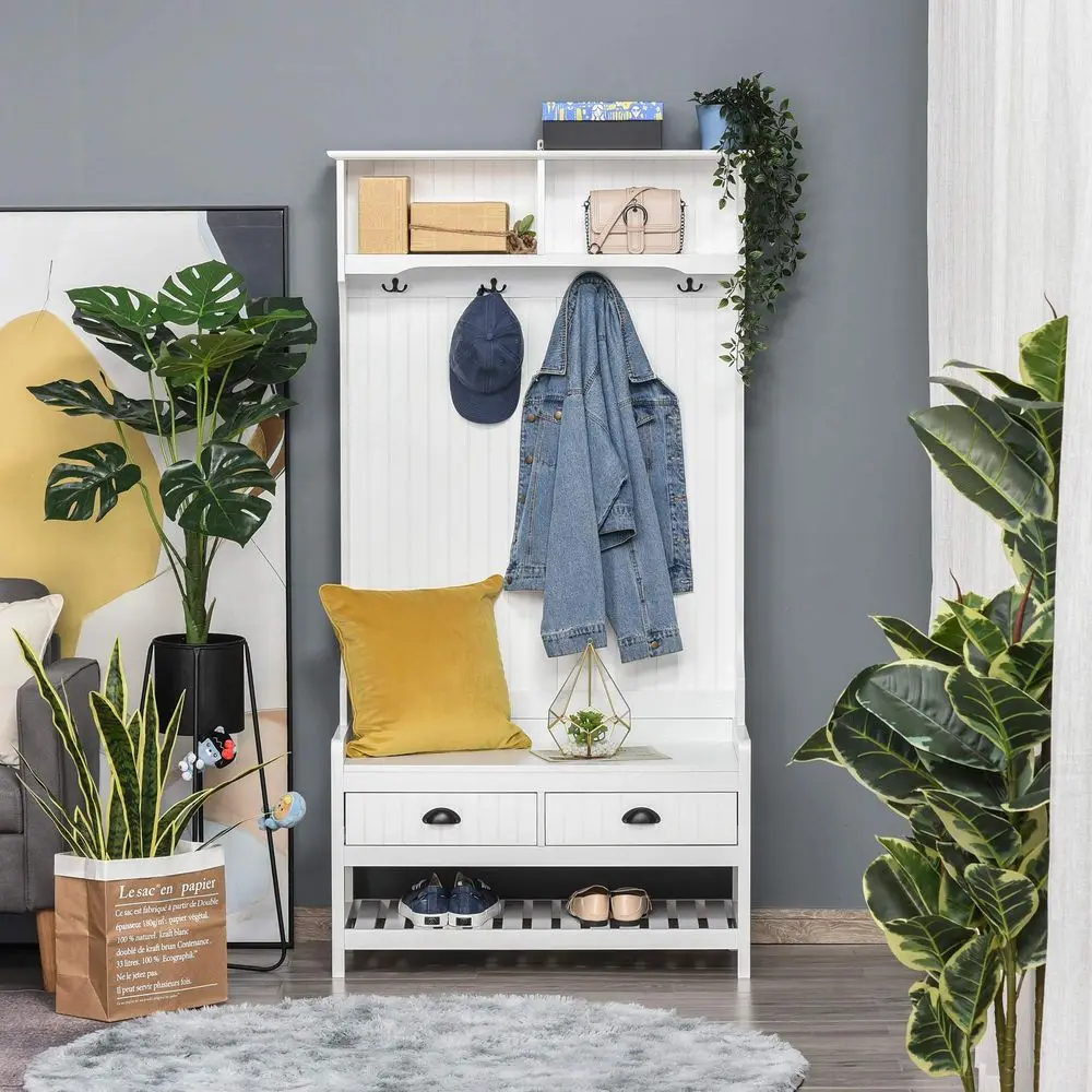 

3in1 Hall Tree, Entryway Bench with Coat Rack, Mudroom Bench with Shoe Rack, 2 Storage Drawers, 4 Hooks and Padded Seat Cushion