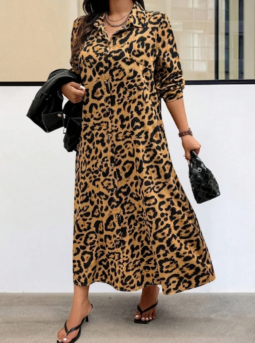 Women's Loose Dress 2025 Autumn Winter Latest Social Style Flip Collar Leopard Print Long Sleeved Dress Maxi Dress Long Skirt