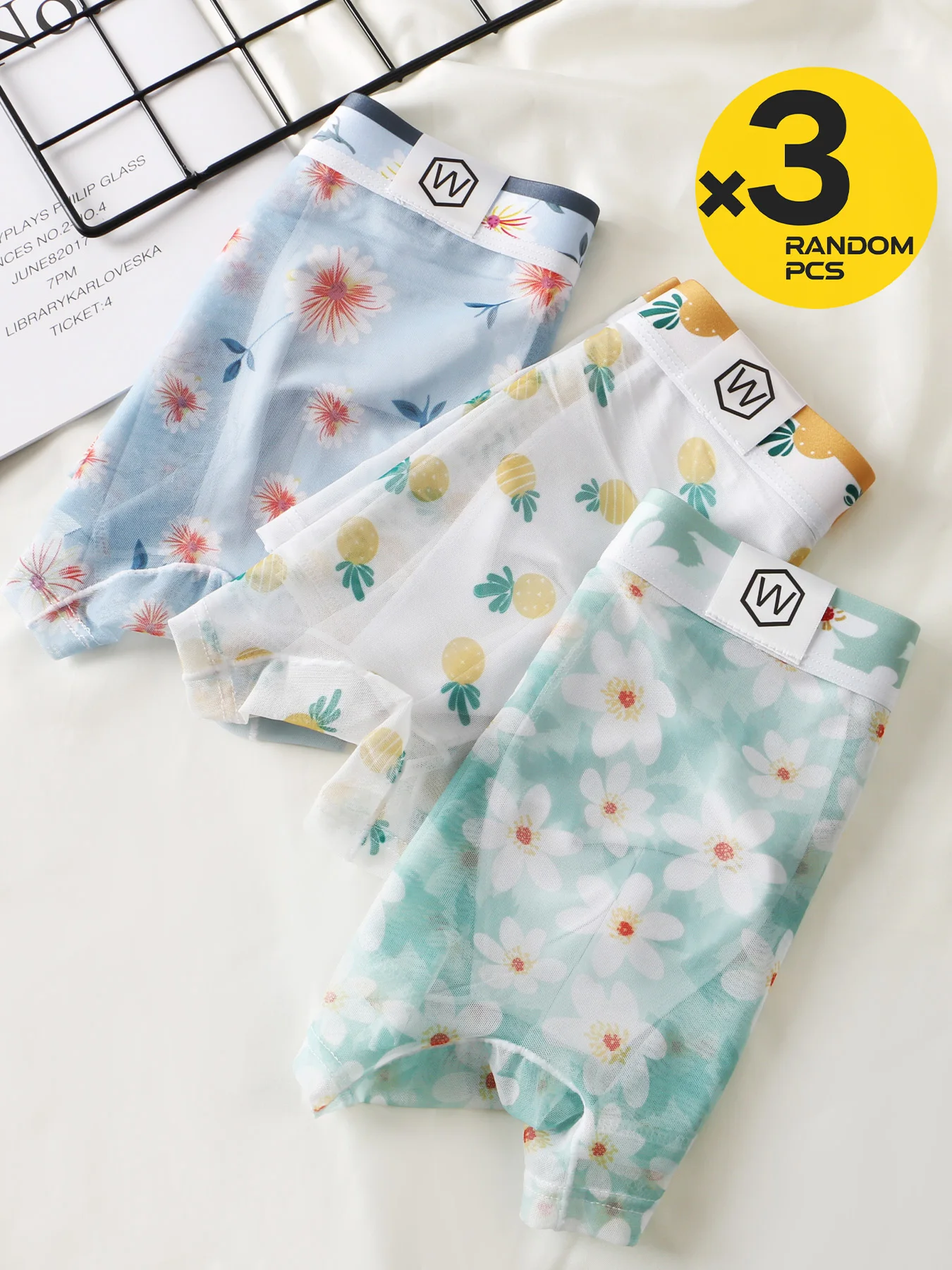 Men Mesh Boxer Briefs 3 Pack, Fresh Floral Print Underwear, Elastic Waistband, 3D Pouch Light Sheer Breathable Underpants