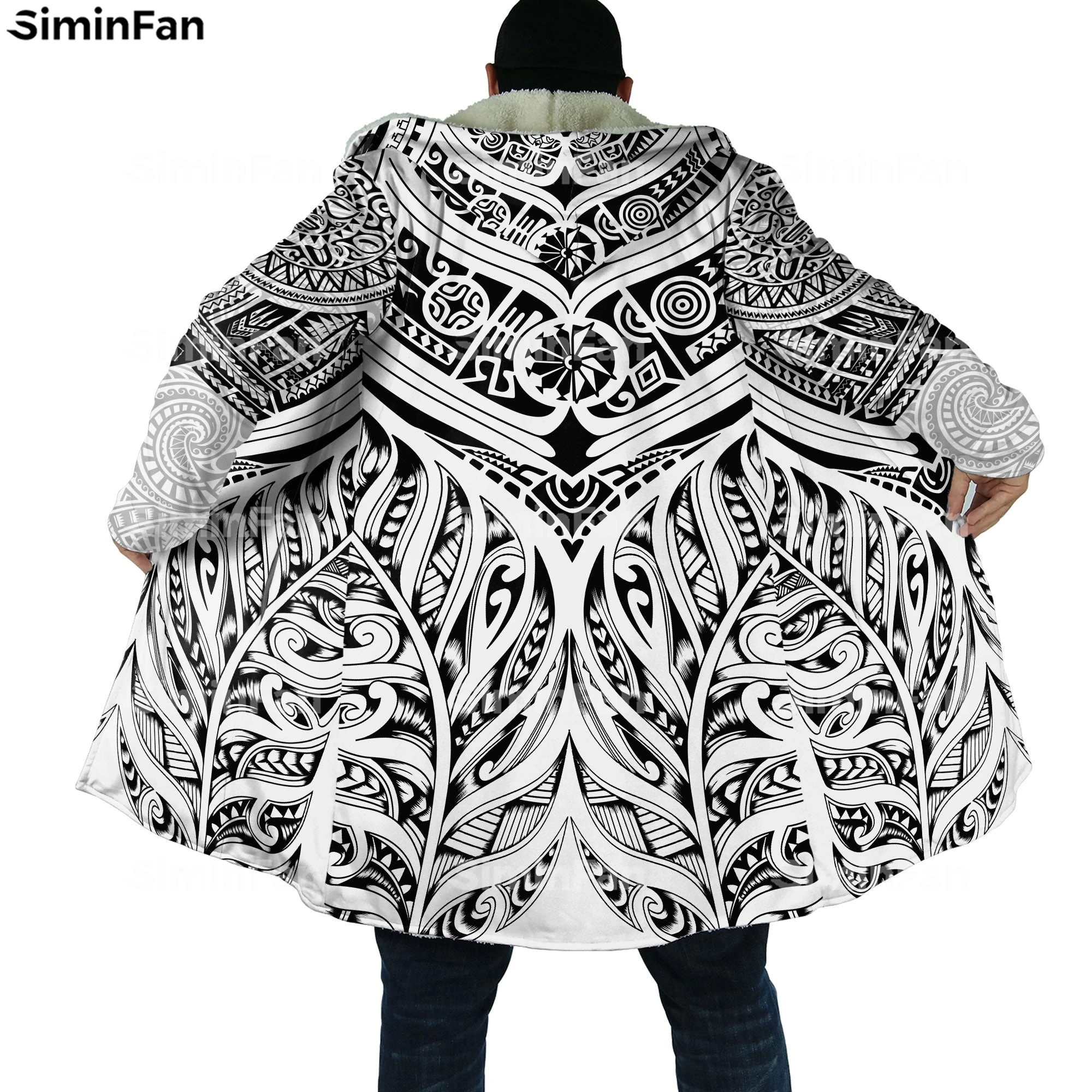 Maori Fern Tattoo Aotearoa Turtle 3D Printed Thick Warm Hooded Cloak Men Windproof Fleece Cape Robe Overcoat Winter Windbreaker