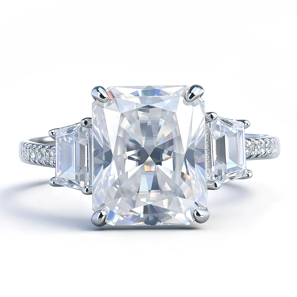 S925 Silver Inlaid 8x10mm Radiant Cut Large High Carbon Diamond Ring Women's Fashion Diamond Ring
