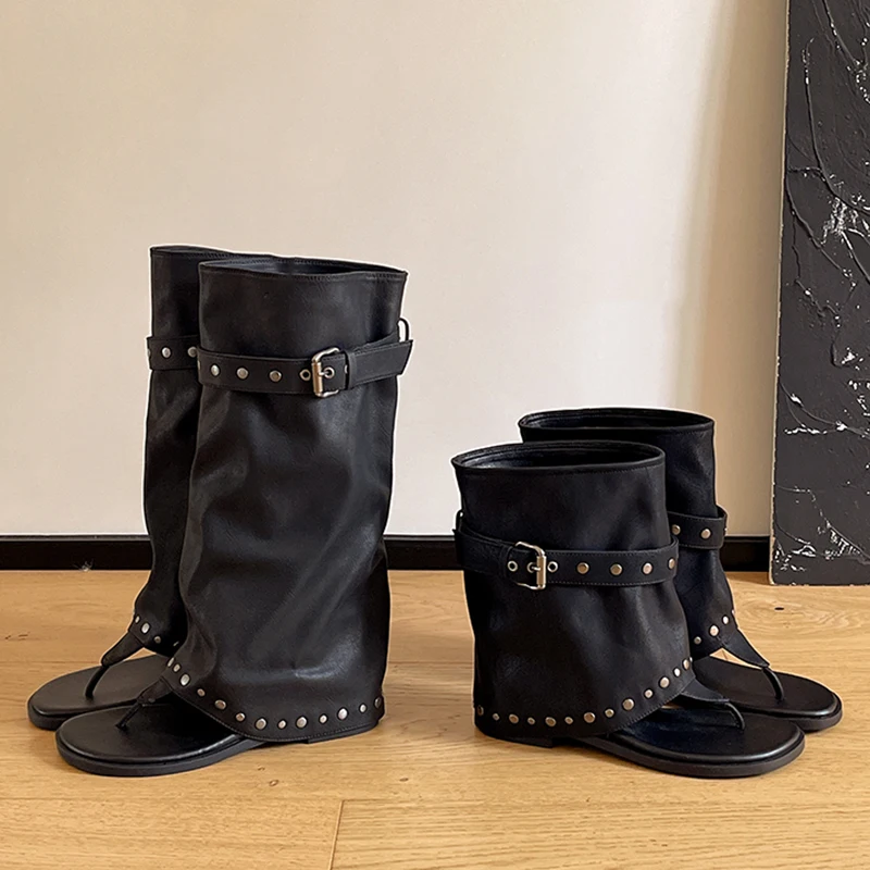 Women's Gladiator Studded Open Toe Knee High or Mid Calf Boots Block Heel Buckle Strap Casual Summer Thong Sandals Booties Shoes