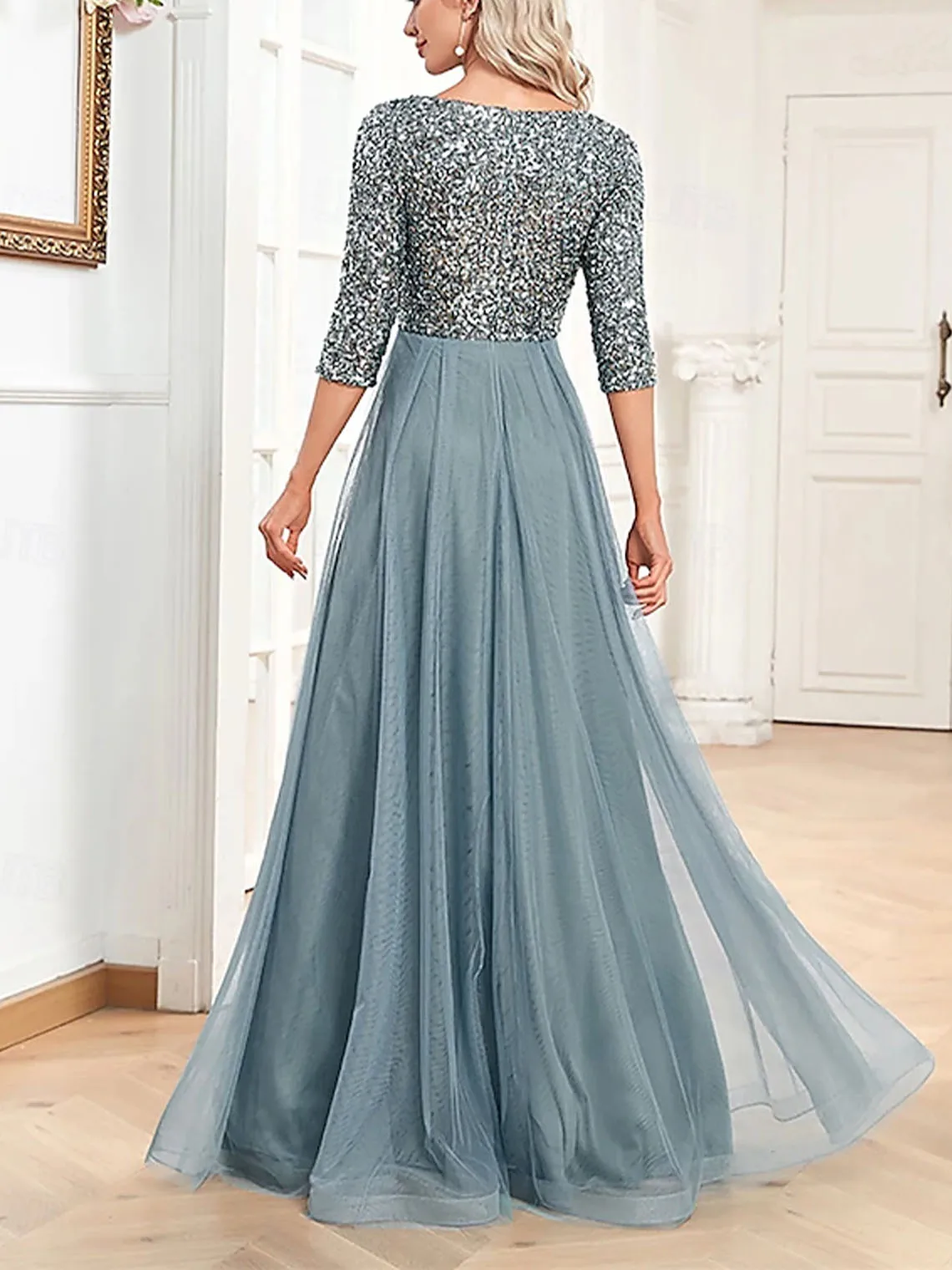 우아한 A라인 프롬 이브닝 드레스 V넥 스팽글 튤 롱 드레스 반팔 웨딩 게스트 드레스 2025 무료 맞춤 제작