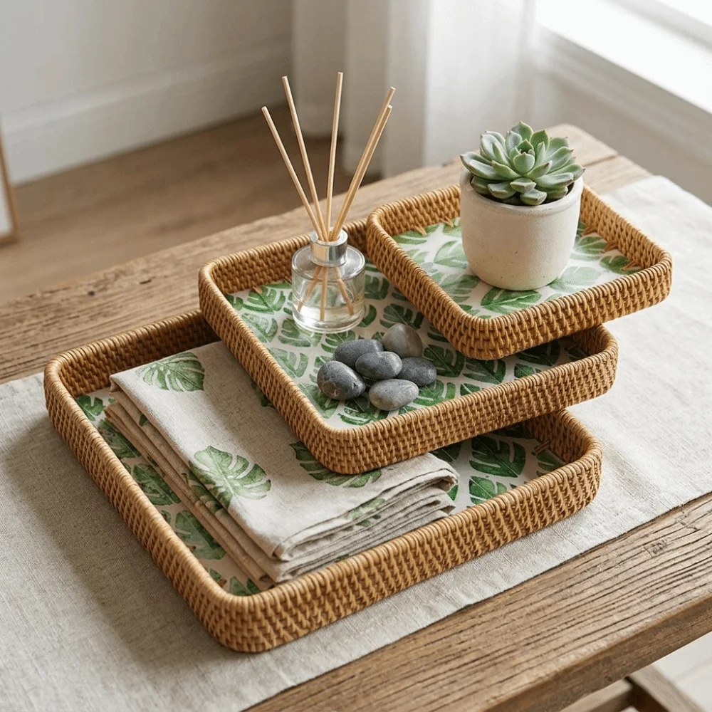 3Pcs Plant fiber Serving Tray Woven Texture Breathable Structure Decorative Tray Sturdy Flat Tray Vanity Tray Bathroom Storage