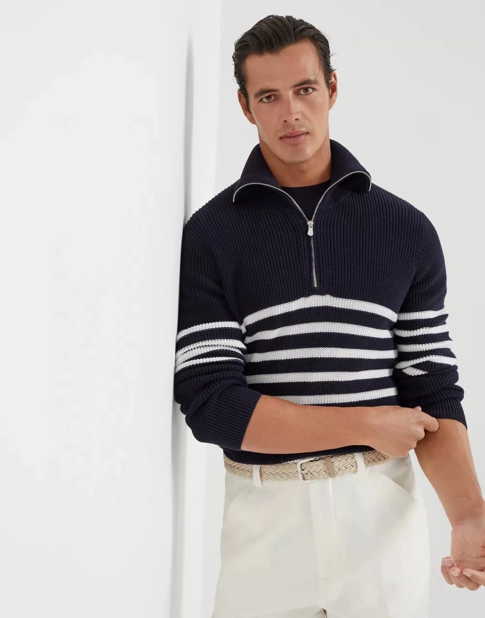 

Мужской вязаный свитер на молнии с высокой закруткой, длинный бархатный ретро-полосатый воротник-стойка с клапаном, осень-зима, повседневный свободный трикотаж