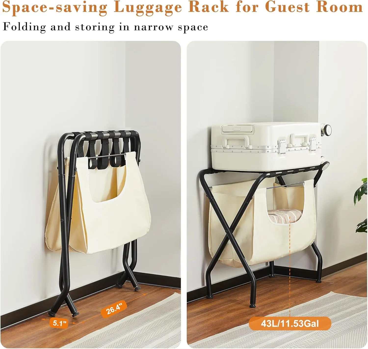 2 Pack Luggage Rack with Laundry Bag, Guest Room Folding Space Saving Suitcase Holder, Max 110LBS Baggage Shelf