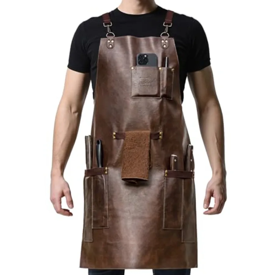 

Synthetic Leather Chef Cooking Apron for Men, Cross Back Apron for All-Day Comfort, Waterproof Apron with Multiple Pockets, Gre
