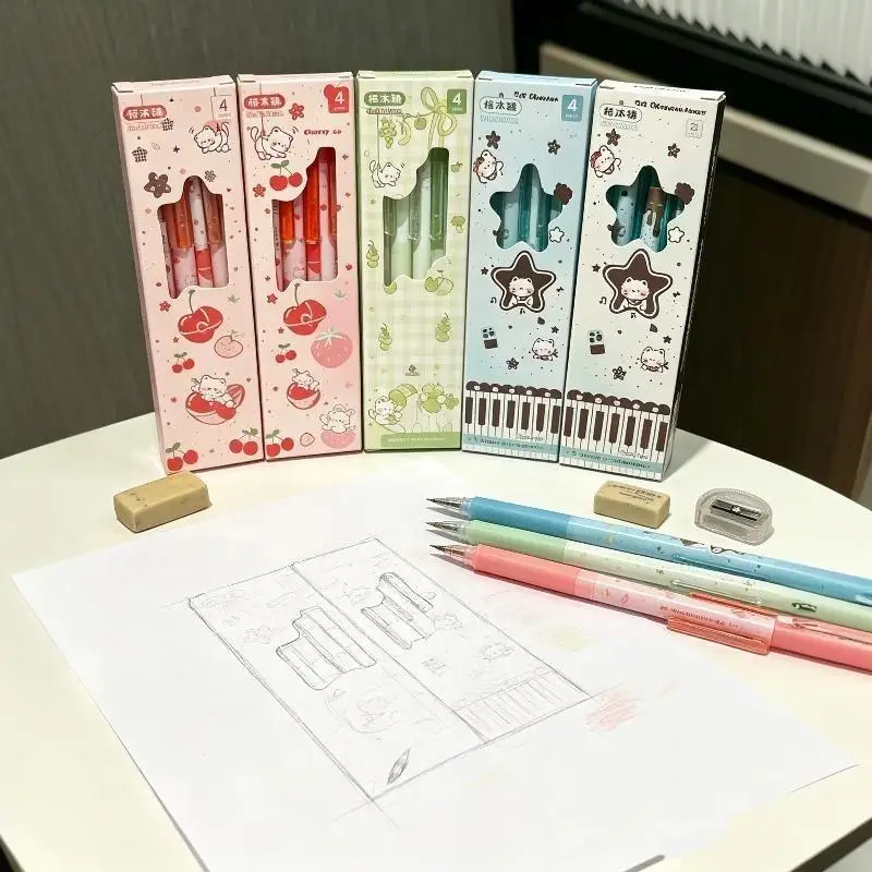 New 4pcs 0.5mm 2B Lead Mechanical Pencil Set Break Resistant Kawaii Stationery Student Writing Pencil Non-sharpening Pencil