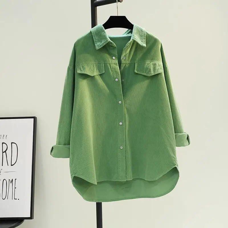 Camisa de pana verde aguacate, cárdigan medio largo con doble bolsillo, chaqueta gruesa, otoño e invierno, 2024