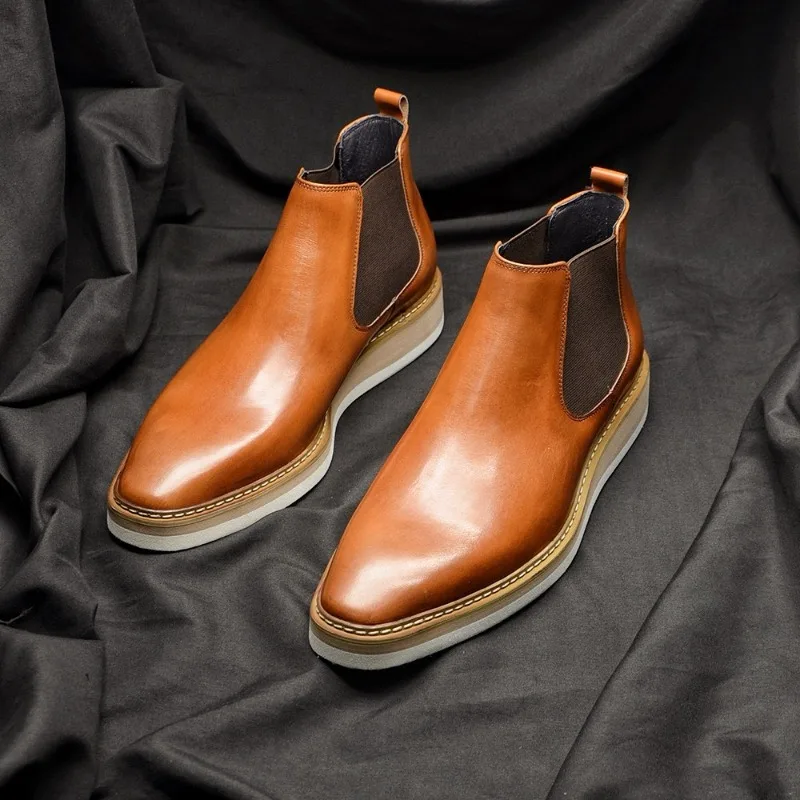 

Handmade Retro Genuine Leather Chelsea Boots Men Platform Shoes Thick Sole Casual Flat Sport Ankle Boos Male High Top