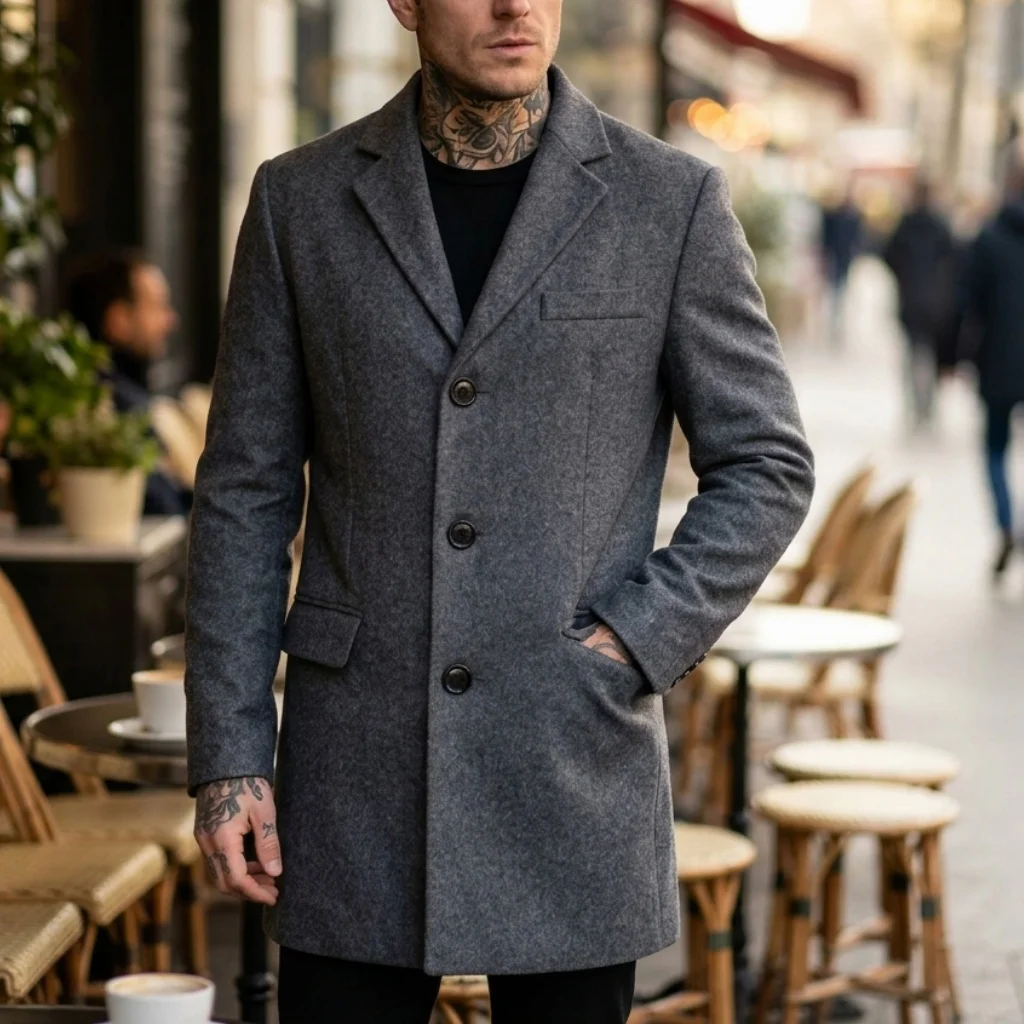 

New Winter Men's Wool Blend Overcoat - Single-Breasted Classic Business-Casual Streetwear Daily Warm Coat Modern Gentlemen
