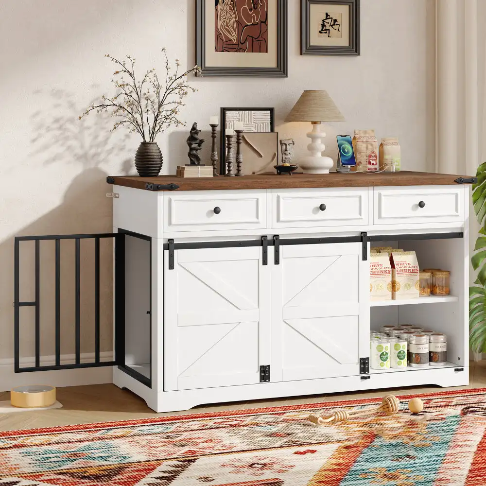 

55.1″ Dog Crate Furniture, Indoor Dog Kennel with 3 Storage Drawers, Farmhouse Dog Crate with Side Door and Sliding Barn Door