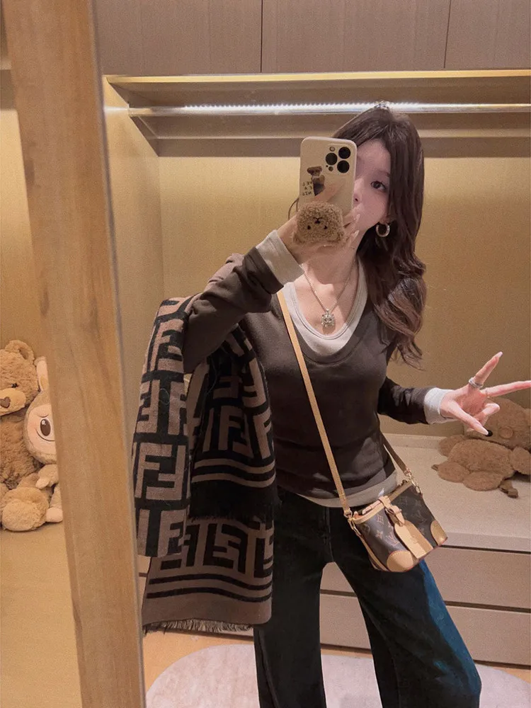 

Женская повседневная толстовка Yukiss Soft Fufu Thiened Long Sve Fce Lined T-irt с круглым вырезом, осенняя, стандартный крой...