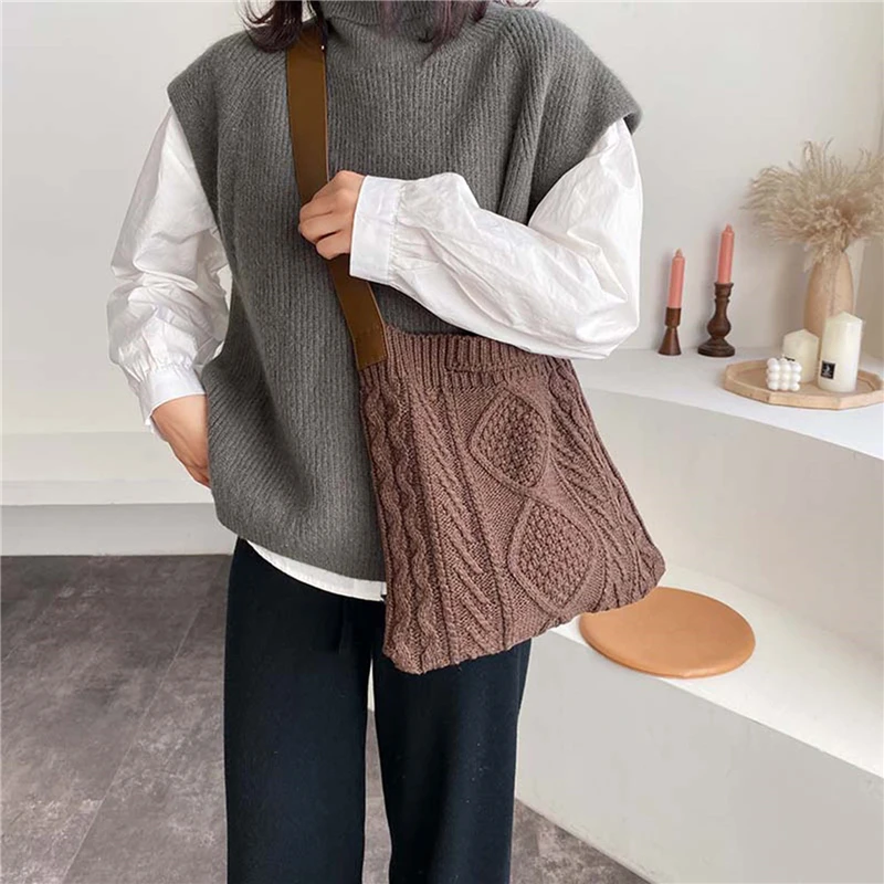 Female Woolen Knitted Braid Criss Cross Handbag Teenager Crochet Winter Korean Fashion Retro Chic Big Capacity Over Shoulder Bag