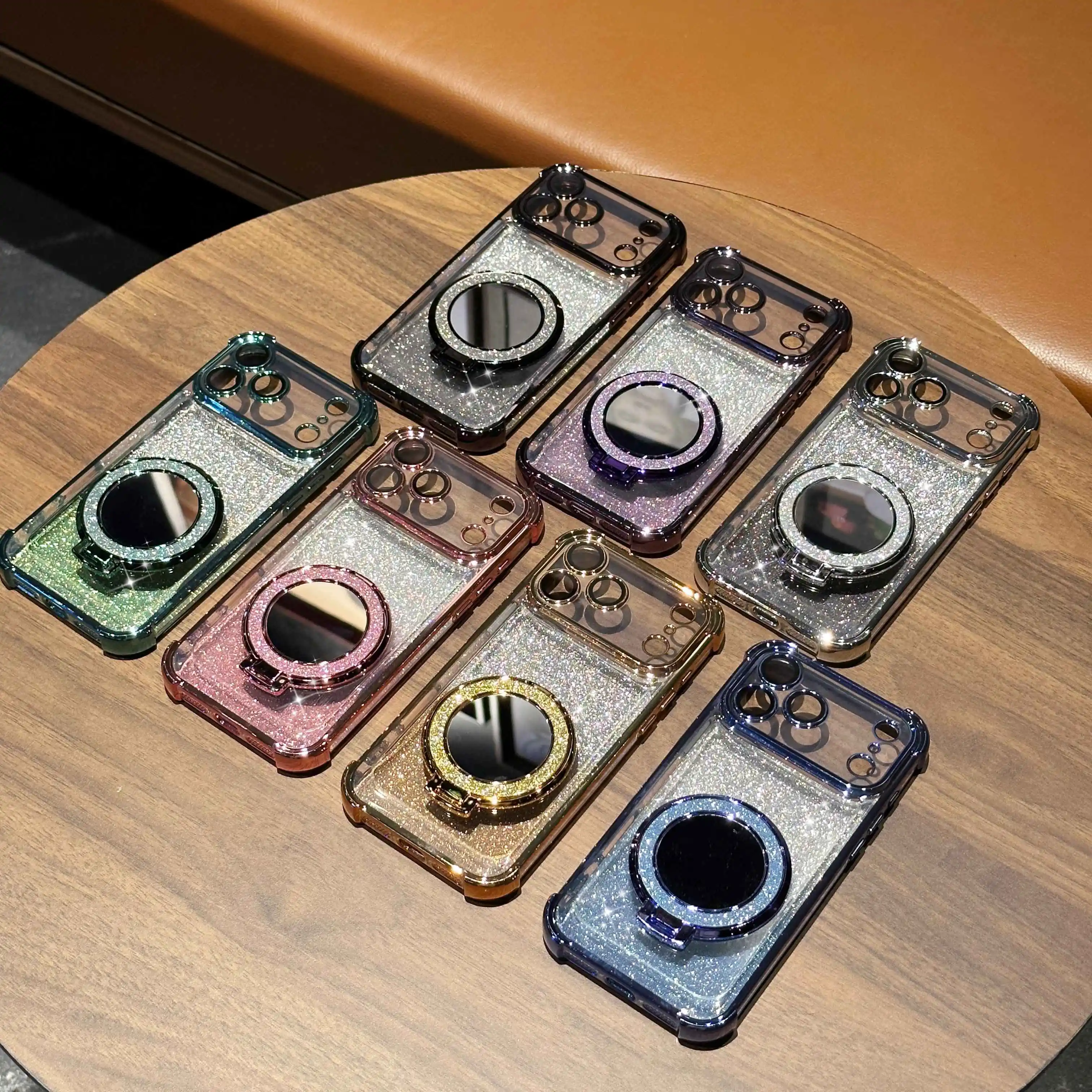 Mode Glitter Spiegel Case Magnetisch Voor iPhone 17 Air 16 15 14 13 12 11 17 Pro Max Plus Bling Schokbestendige Achterkant met Houder