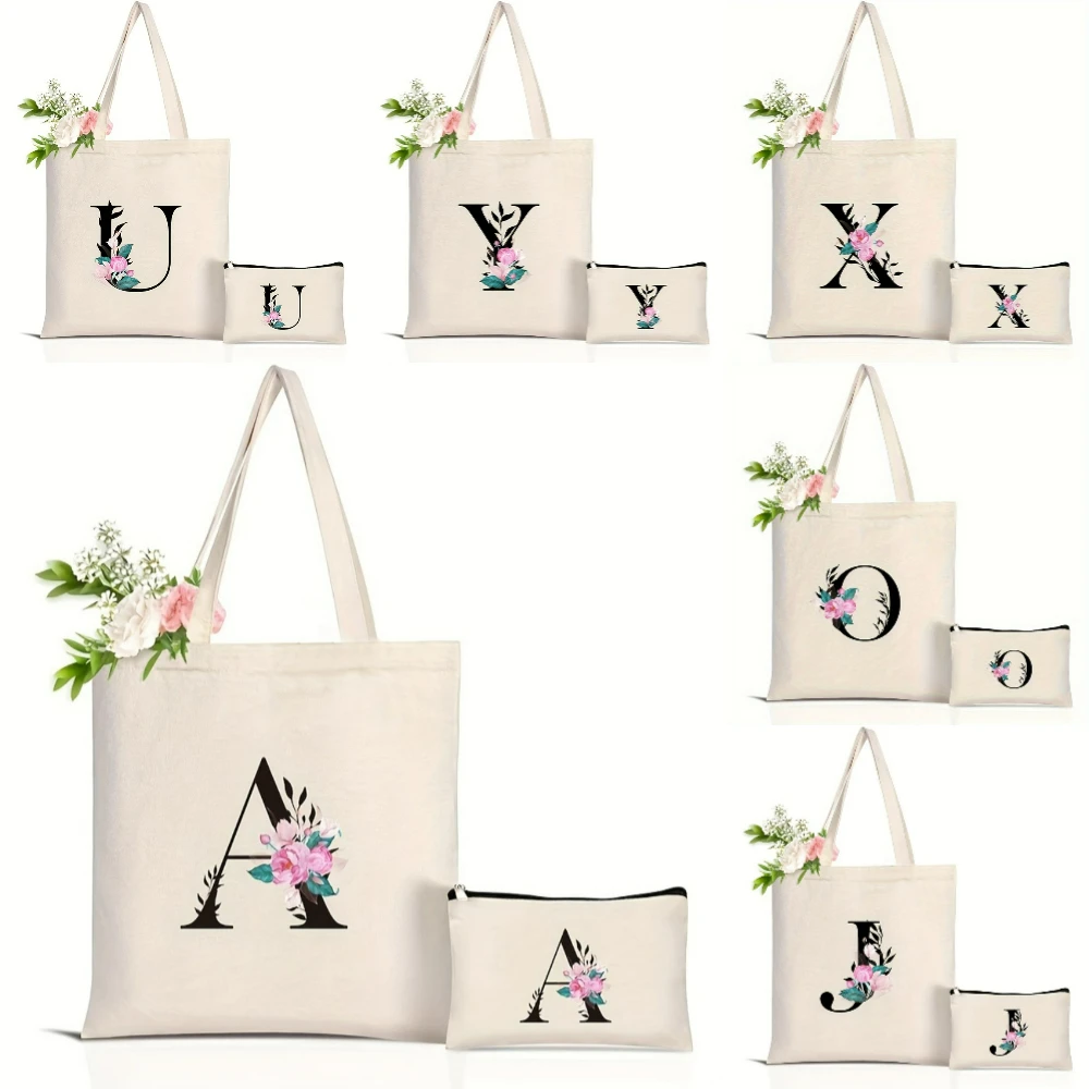 Elegant Floral Alphabet Tote Bag Reusable Eco Friendly Shopping Bag for Women Spacious Commuter Purse Daily Use Handbags Gift