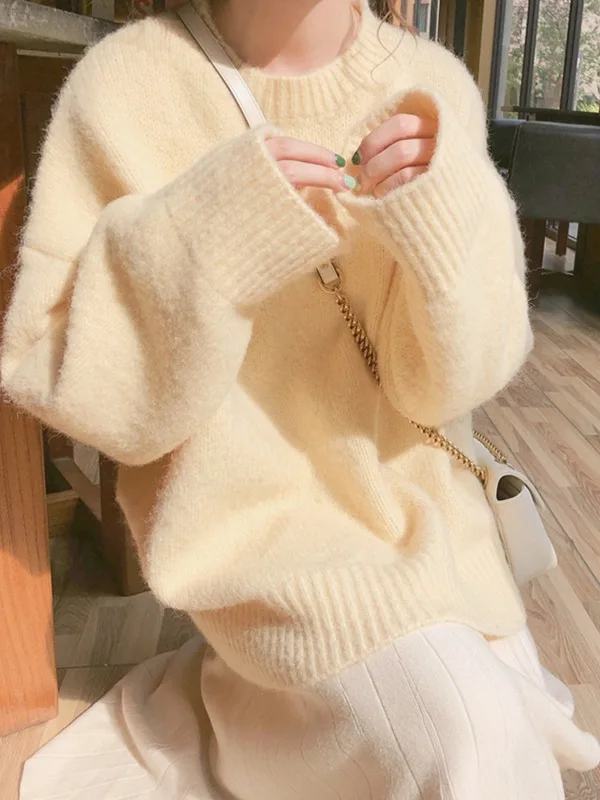 

Women's round Ne Loose Fit Thiened Knitted Sweater Fufu Lazy Soft Cotton Top for Autumn Winter Base Layer Butt Covering